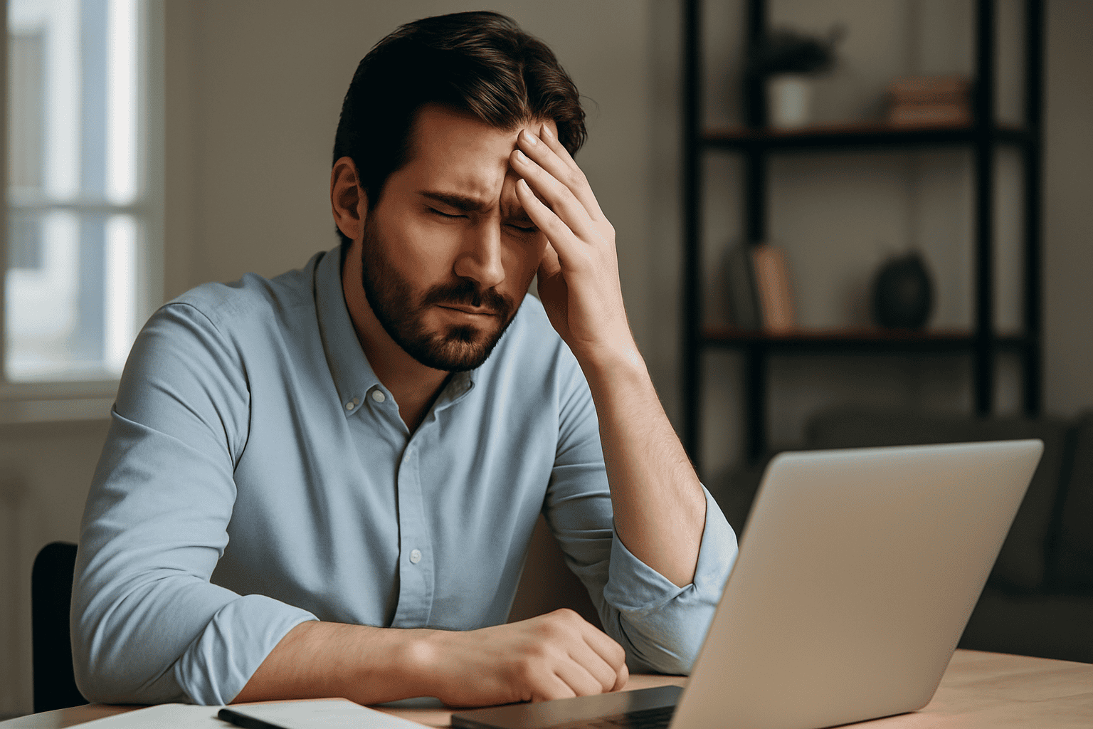 Adult male sitting at desk with hand on forehead, showing signs of mental fatigue and difficulty focusing representing ADHD in adult males.