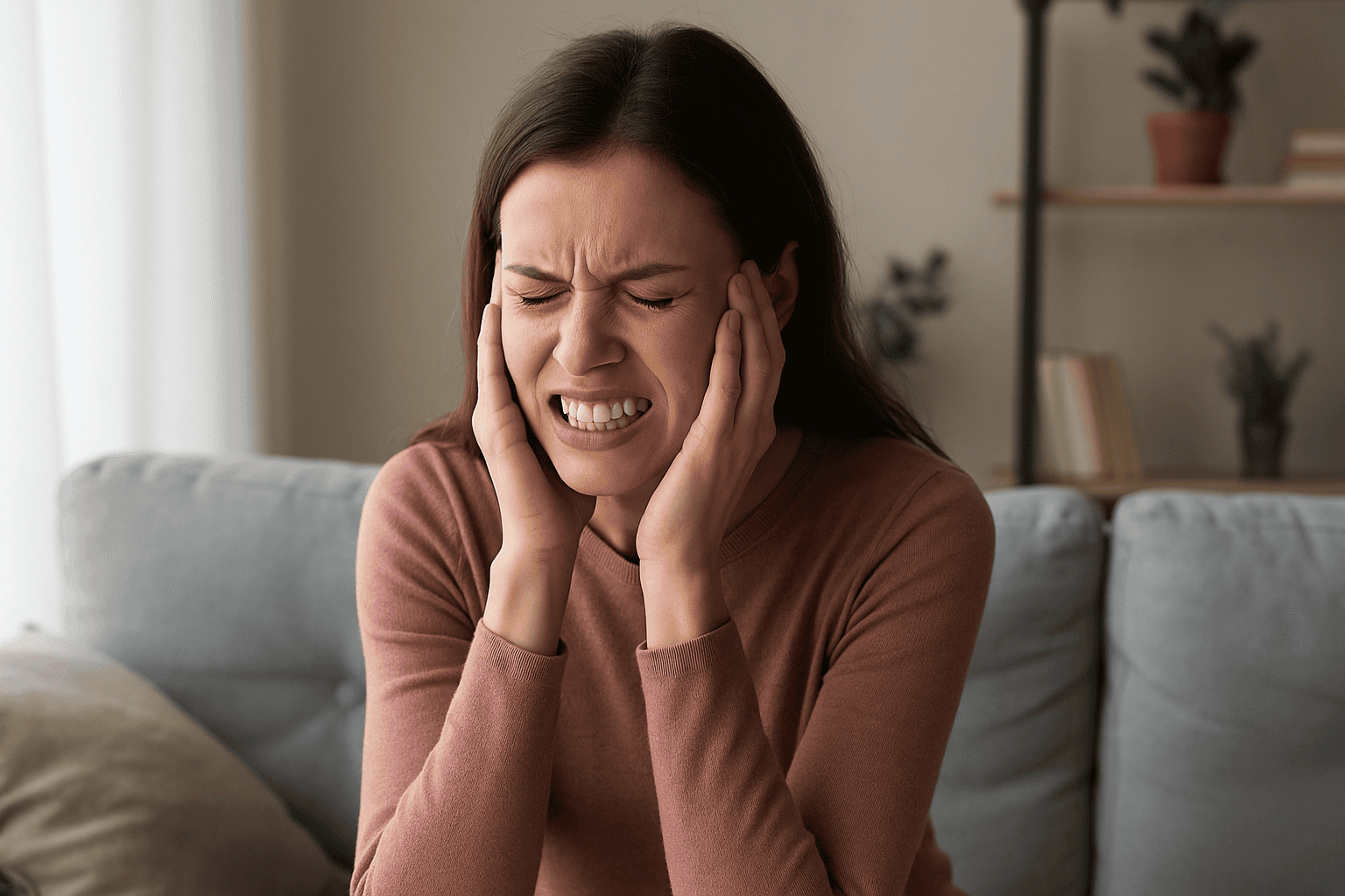 Woman holding her jaw in pain, showing signs of stress and teeth grinding (bruxism).
