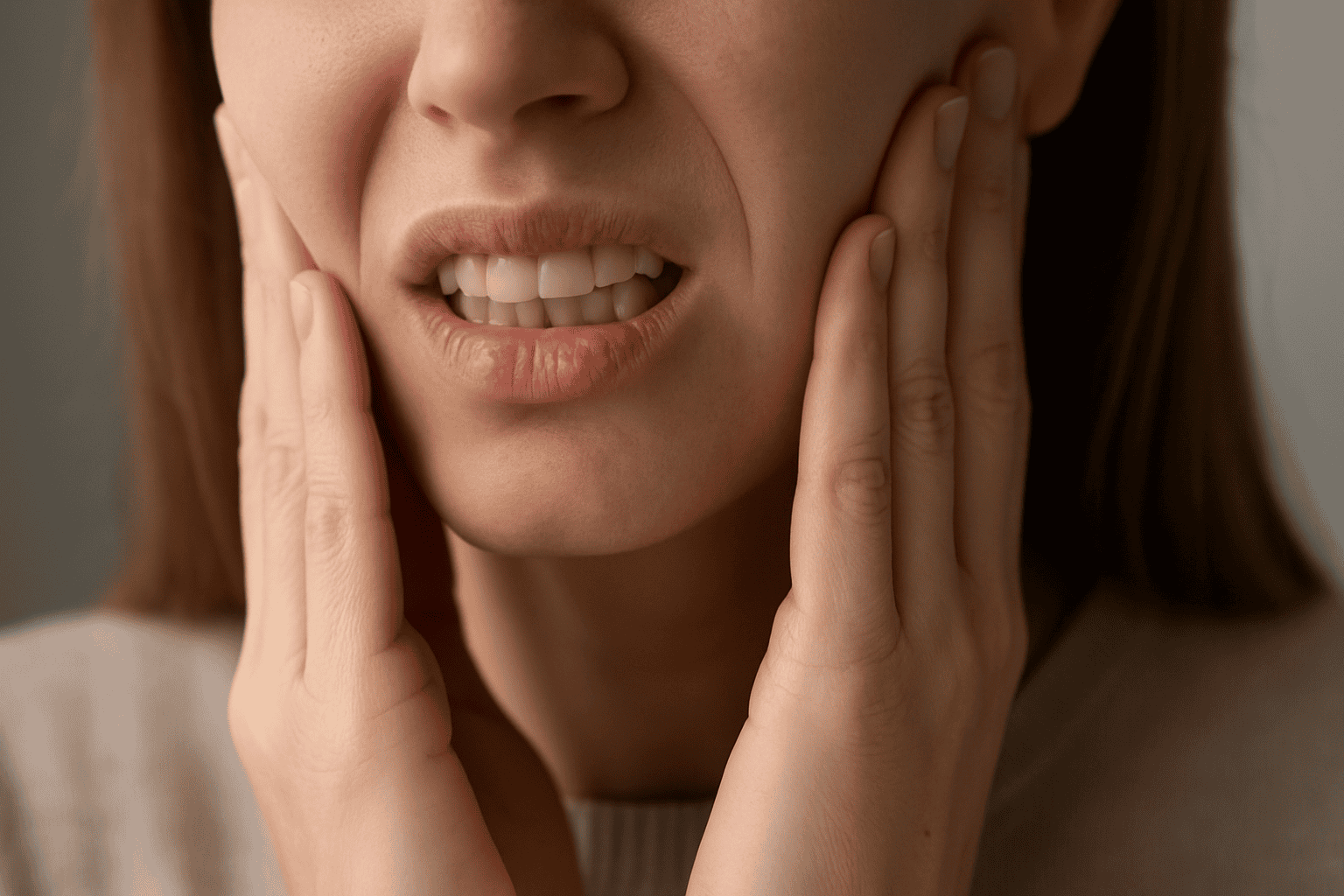 Close-up of a woman's lower face showing jaw pain, with hands gently pressing on the sides of her face, indicating discomfort from bruxism or TMJ pain needing treatment.