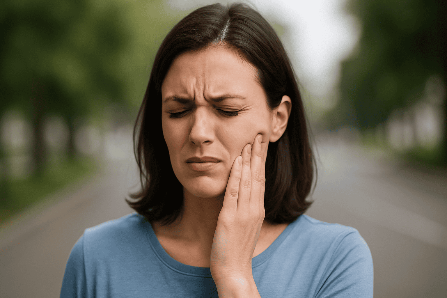 Woman touching her jaw in pain outdoors, showing signs of bruxism and TMJ pain.