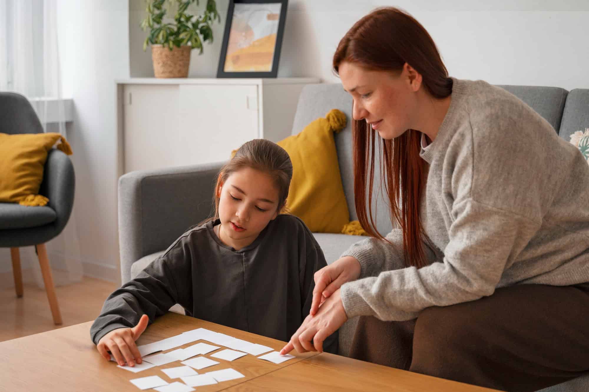 A young girl working with a therapist on a puzzle activity, showing cognitive and motor skill support for children with Developmental Coordination Disorder (DCD).