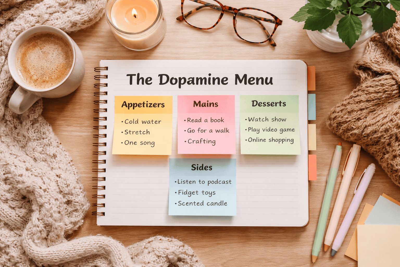 Flat lay image showing a handwritten dopamine menu with sticky notes for appetizers, mains, sides, and desserts, illustrating a simple ADHD tool to break paralysis and reduce doom scrolling