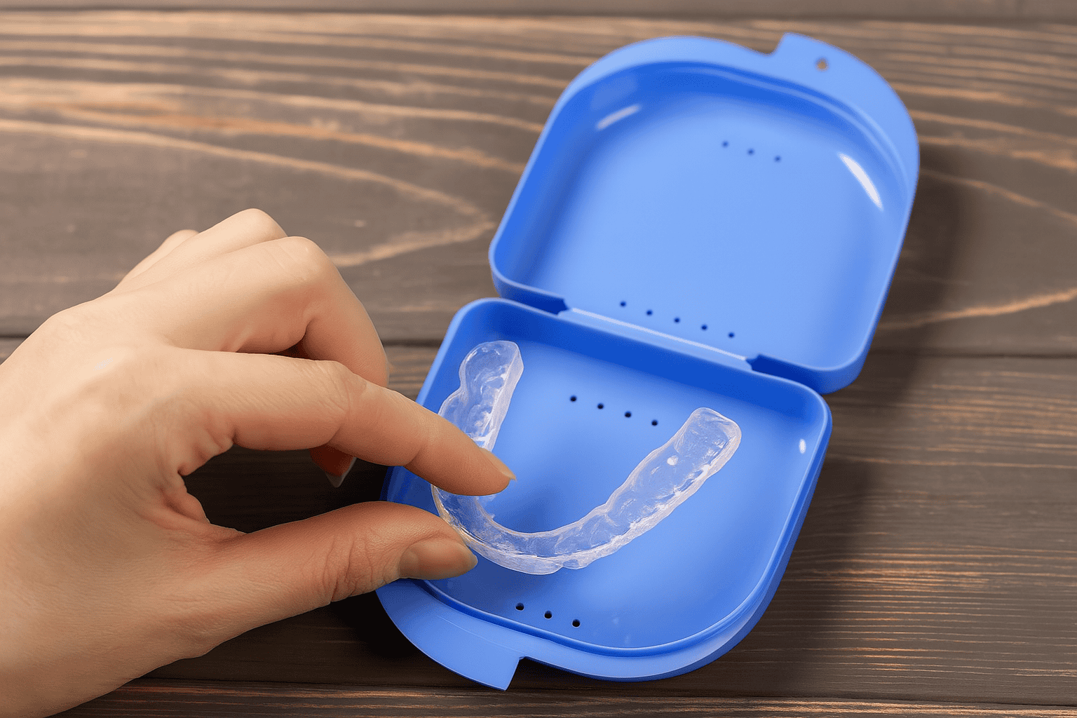 A close-up image of a hand lifting a clear mouthguard from an open blue plastic case placed on a wooden surface.