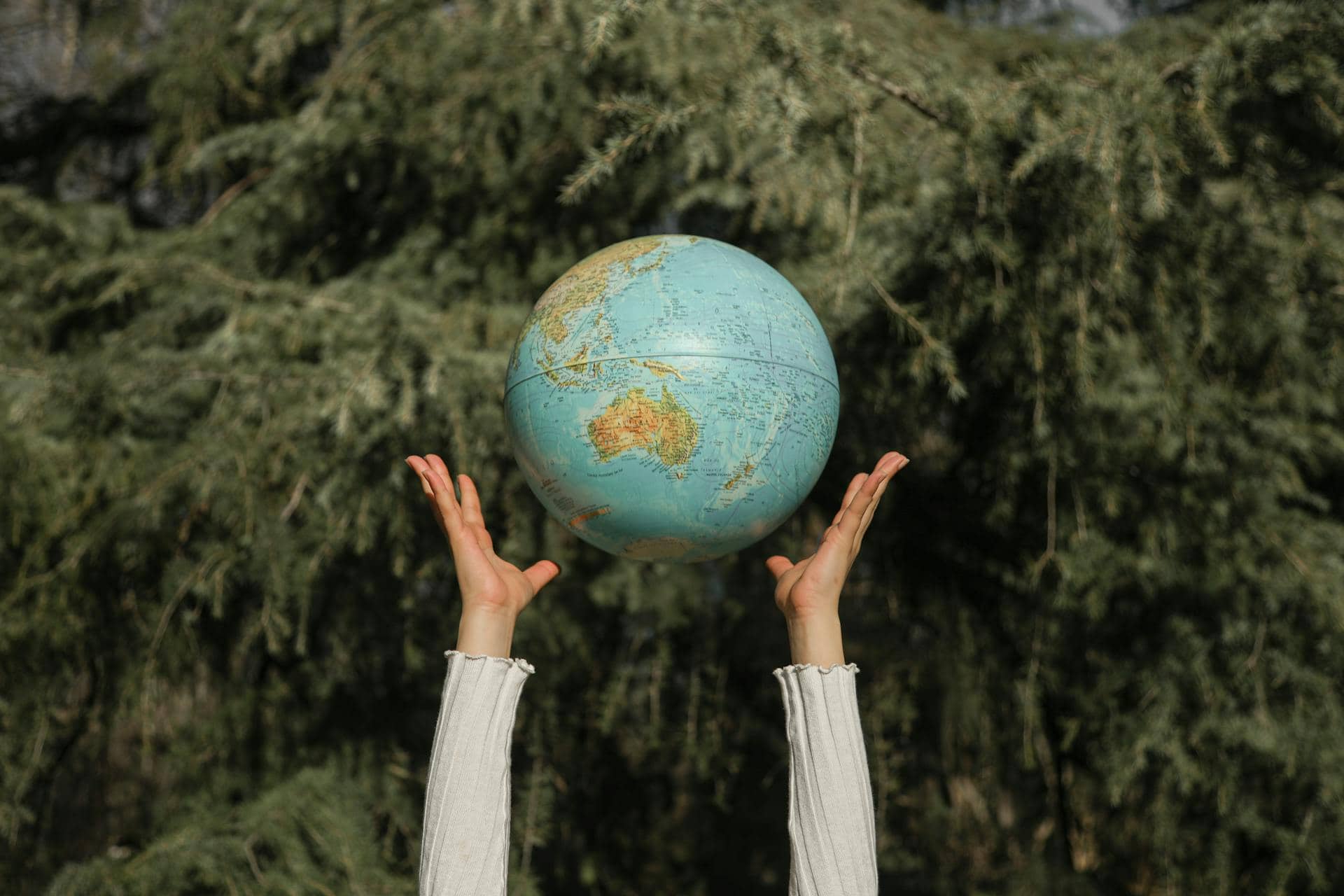 Person holding up a globe with both hands against a backdrop of green trees, symbolizing global connection, responsibility, and unity with nature.
