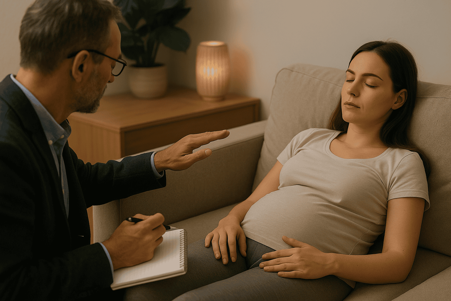 A hypnotherapist conducts a calm session with a relaxed pregnant woman lying on a sofa, eyes closed, in a softly lit room designed for comfort and therapeutic support.