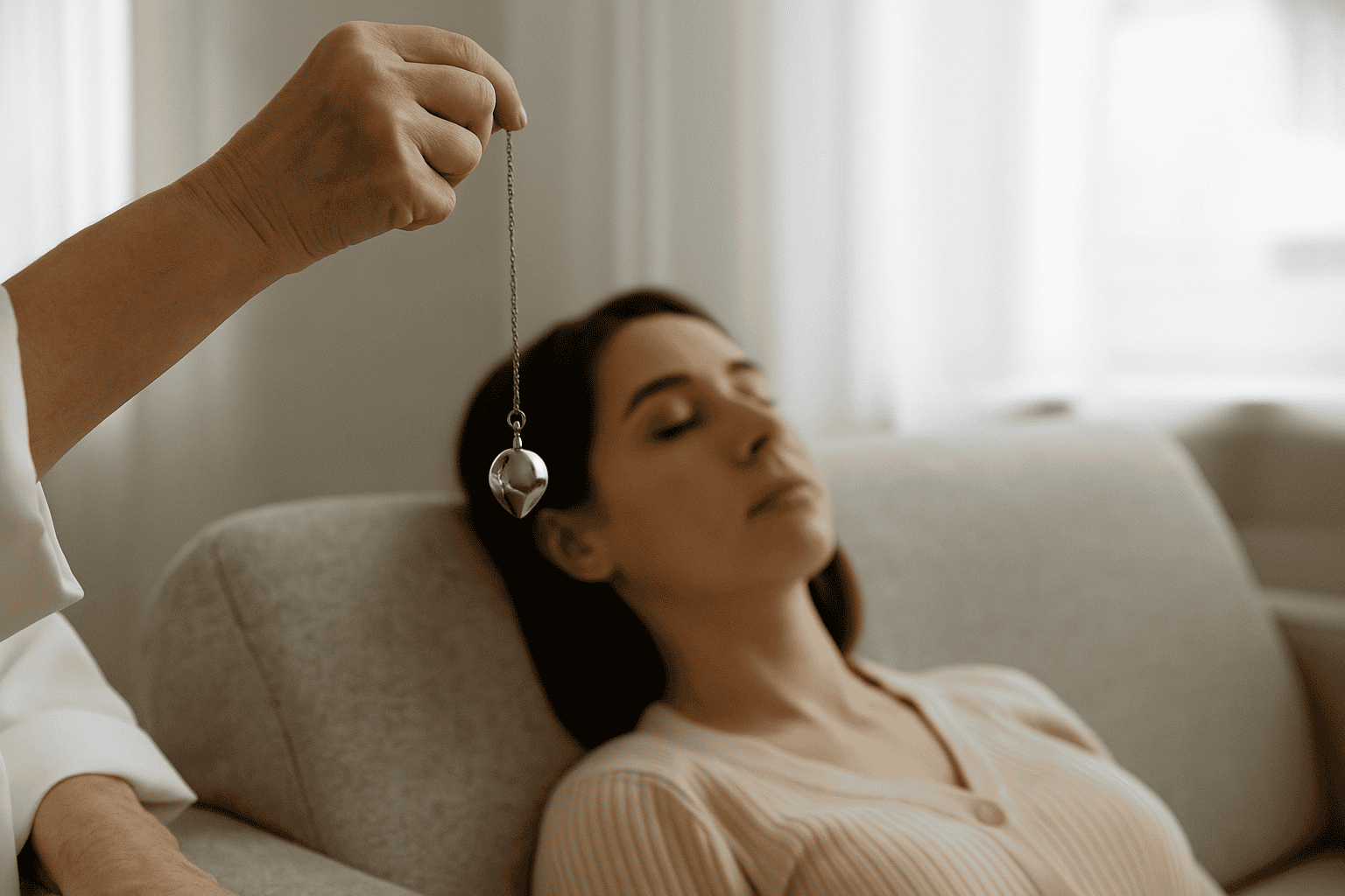 A woman lying calmly on a couch during a hypnotherapy session, with a therapist holding a pendulum to guide deep relaxation.