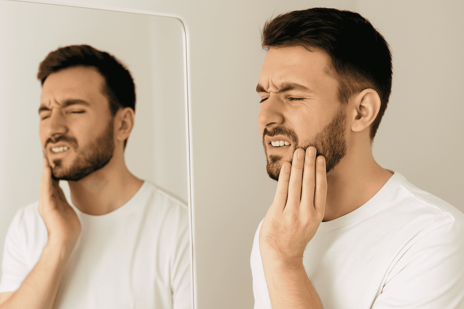 A young man in a white shirt stands in front of a mirror, holding his jaw with a pained expression, showing visible discomfort from jaw pain or teeth grinding.