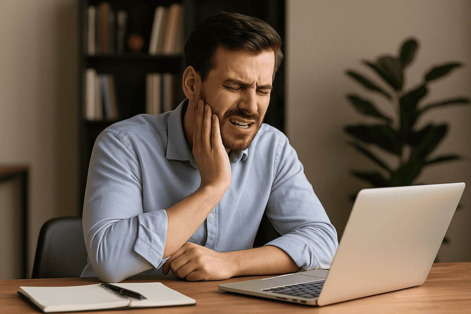 A man at a desk holding his jaw