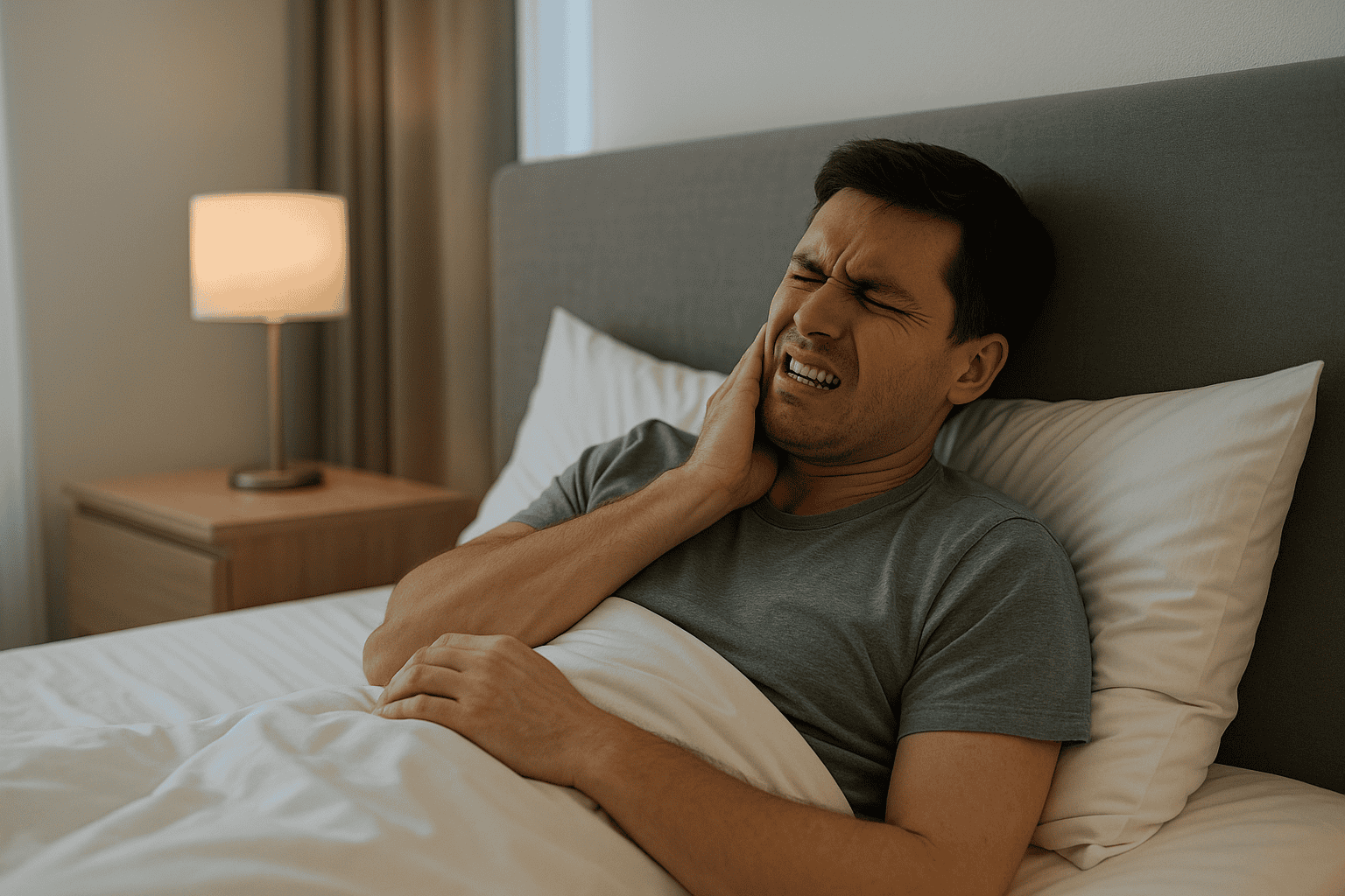 A man lying in bed with a pained expression, holding his jaw due to discomfort in a wide, softly lit bedroom.