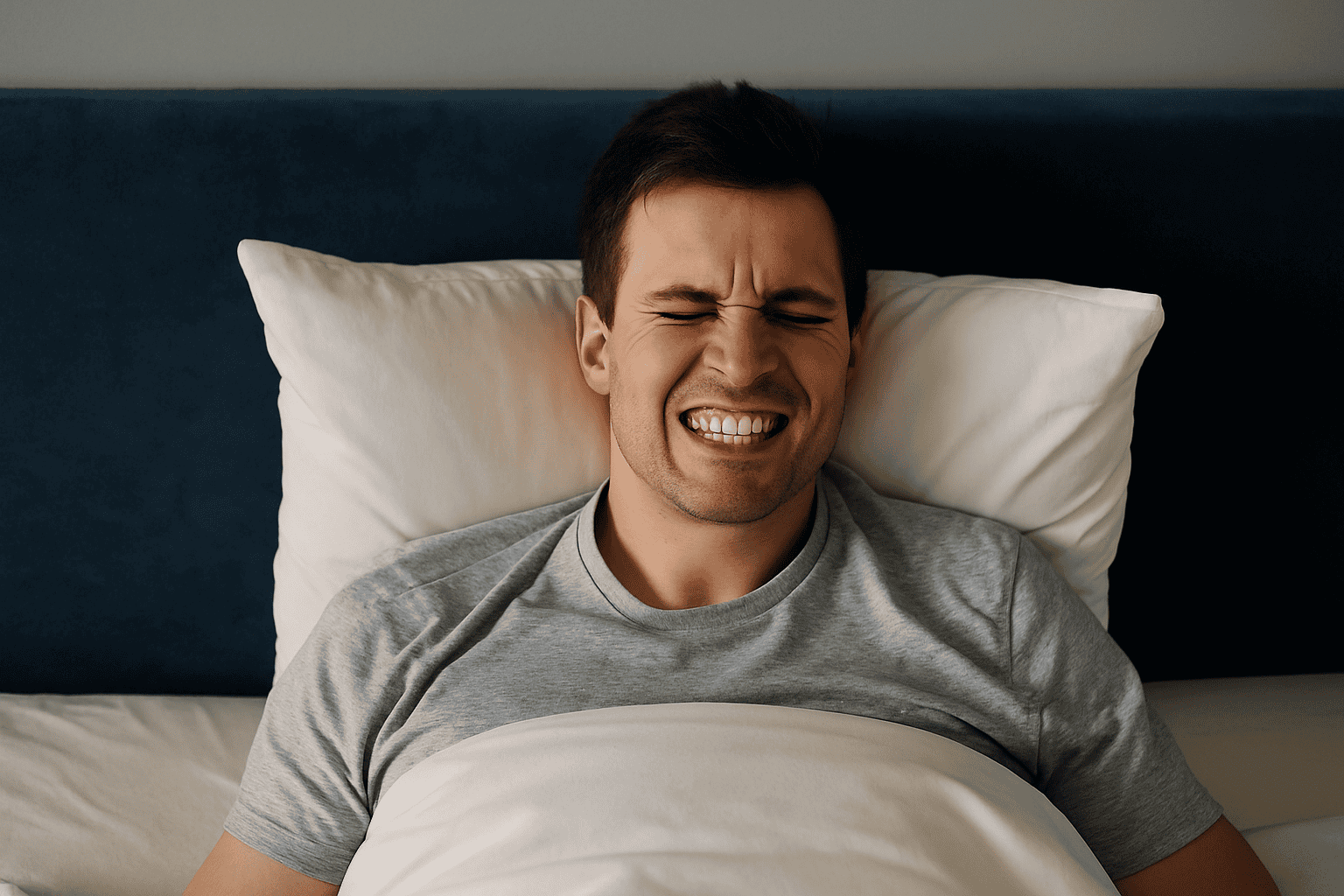 A young man lying in bed with a tense expression and clenched teeth, showing signs of nighttime teeth grinding while partially covered with a blanket and resting against white pillows.