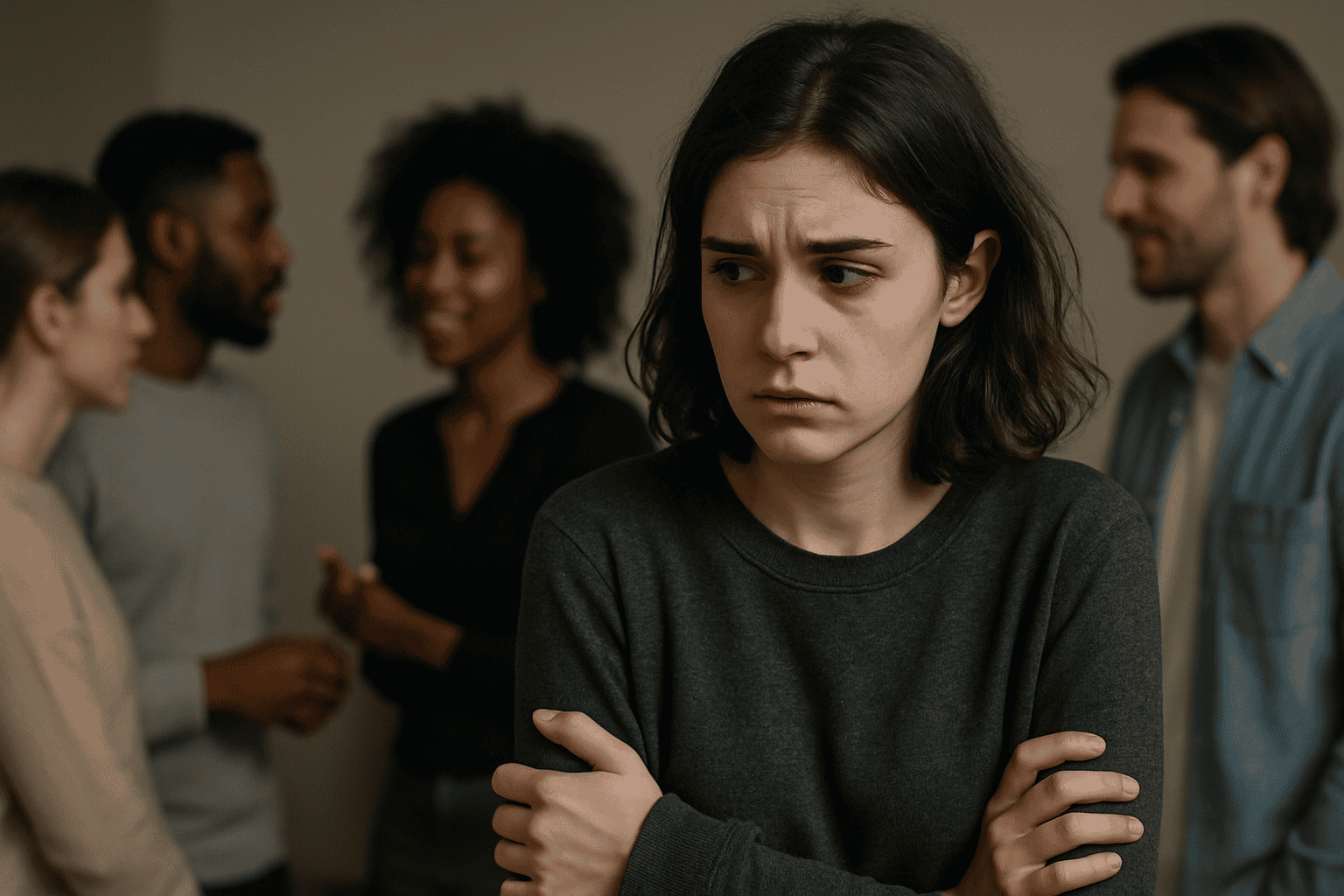 A young woman stands apart from a group, looking anxious and uncomfortable while others socialize in the background.
