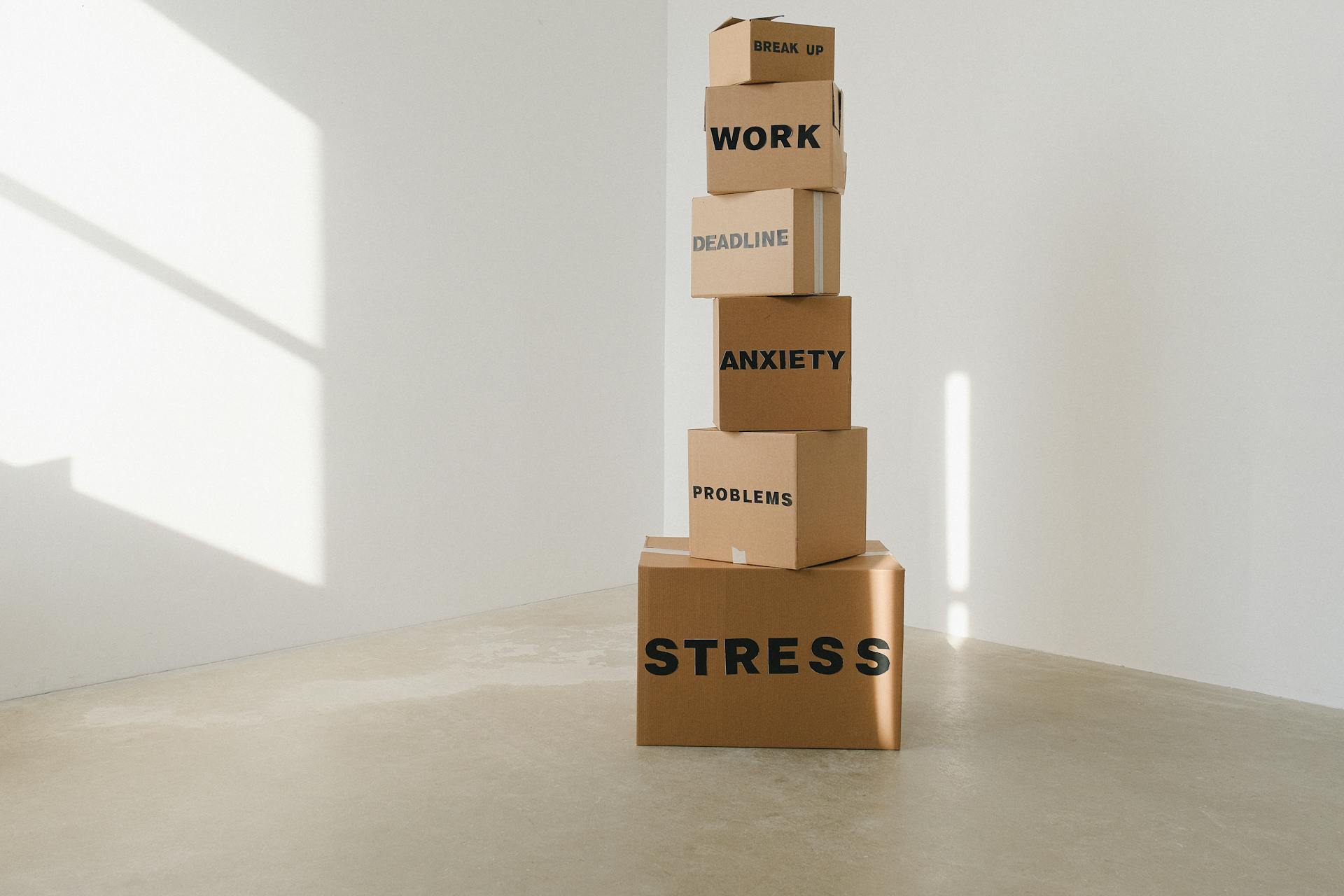 Stack of cardboard boxes labelled with stress-related words like anxiety, work, and problems, symbolising emotional overload