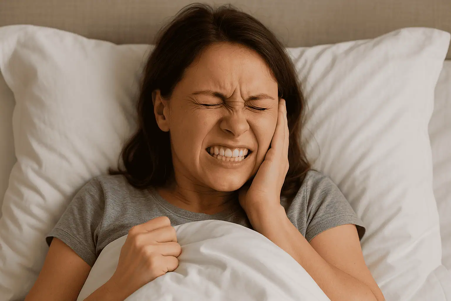 Woman lying in bed with clenched teeth and a pained expression, holding her jaw depicting nighttime teeth grinding or sleep bruxism.