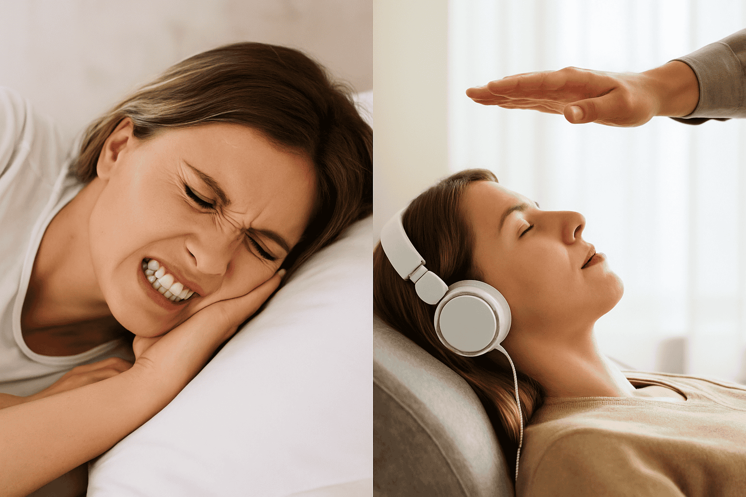 Split image showing a woman clenching her jaw in pain while lying in bed on the left, and the same woman relaxed during a hypnotherapy session with headphones on the right illustrating the contrast between bruxism and hypnotherapy relief.