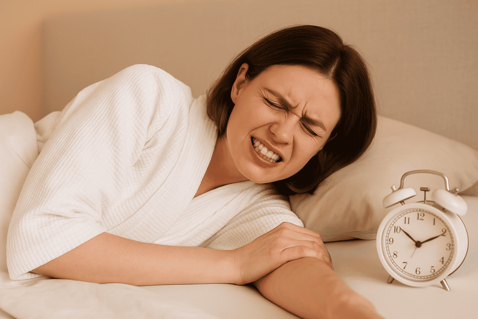 Woman in bed grimacing from teeth grinding during sleep, showing signs of stress-related bruxism.
