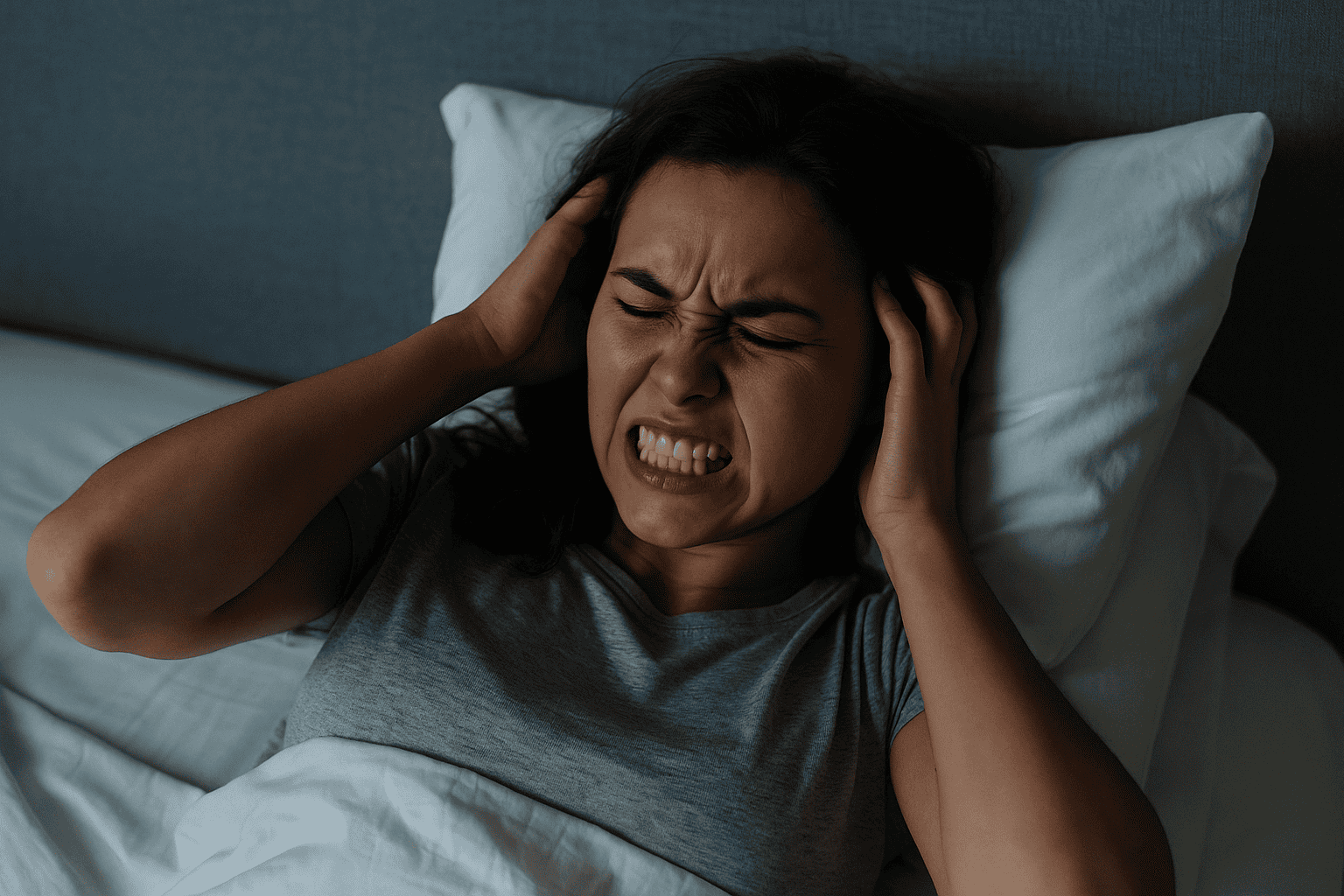 Woman lying in bed with eyes shut and teeth clenched, showing visible signs of stress and nighttime teeth grinding (bruxism).